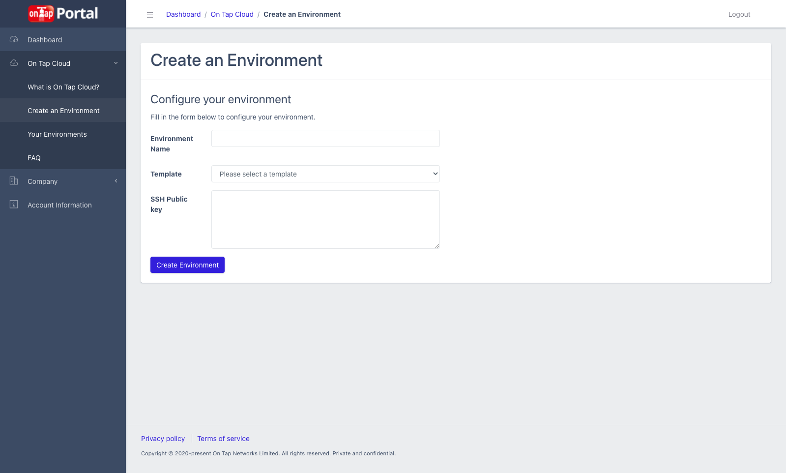 Create Environment form